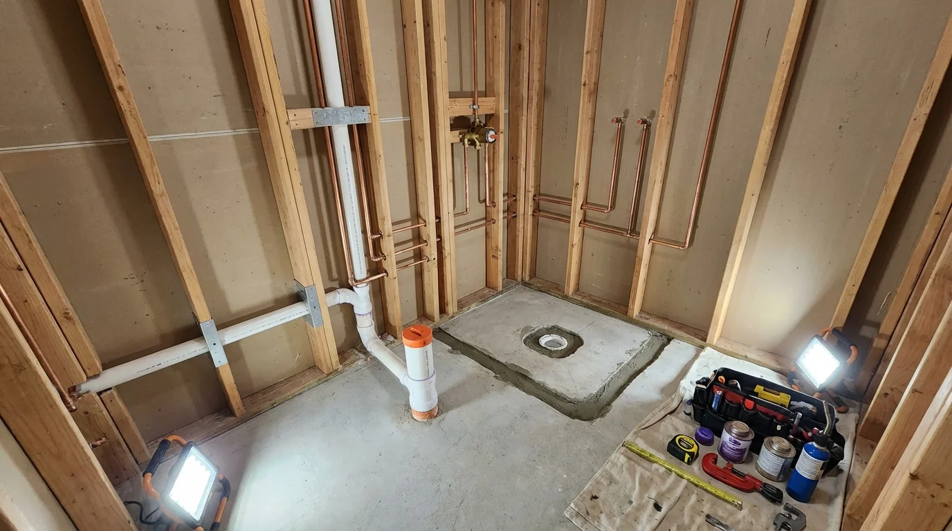 Bathroom rough-in plumbing during remodel by Johns Plumbing LLC in Harrah
