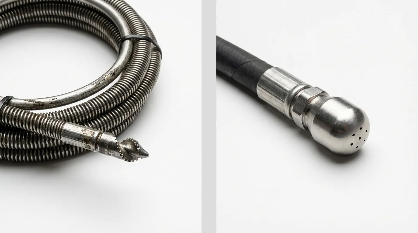 Drain snake cable and hydro jetting nozzle used for drain cleaning in Harrah, OK