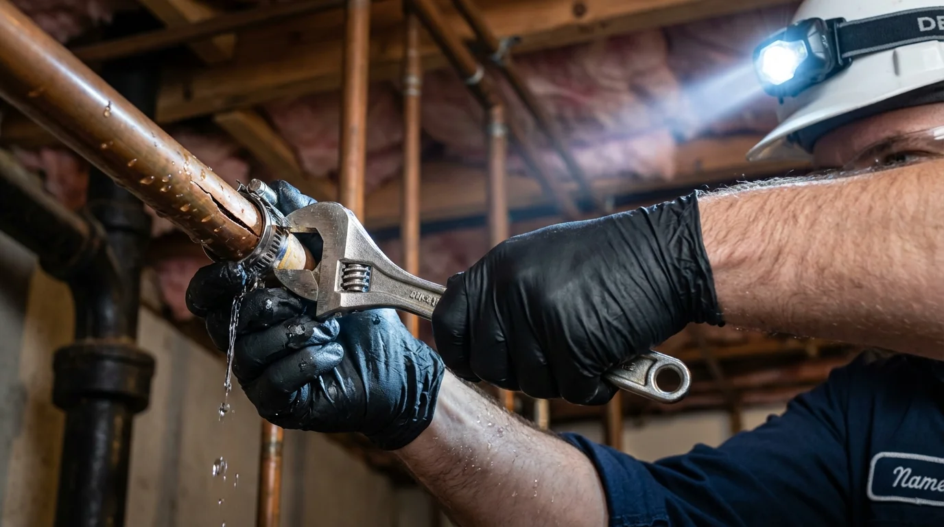 Emergency pipe clamp repair being performed by a Johns Plumbing LLC plumber in Harrah