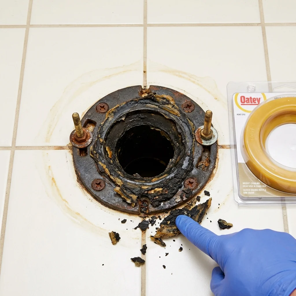 Failed wax ring showing water seepage at the base of a toilet in a Harrah, OK home